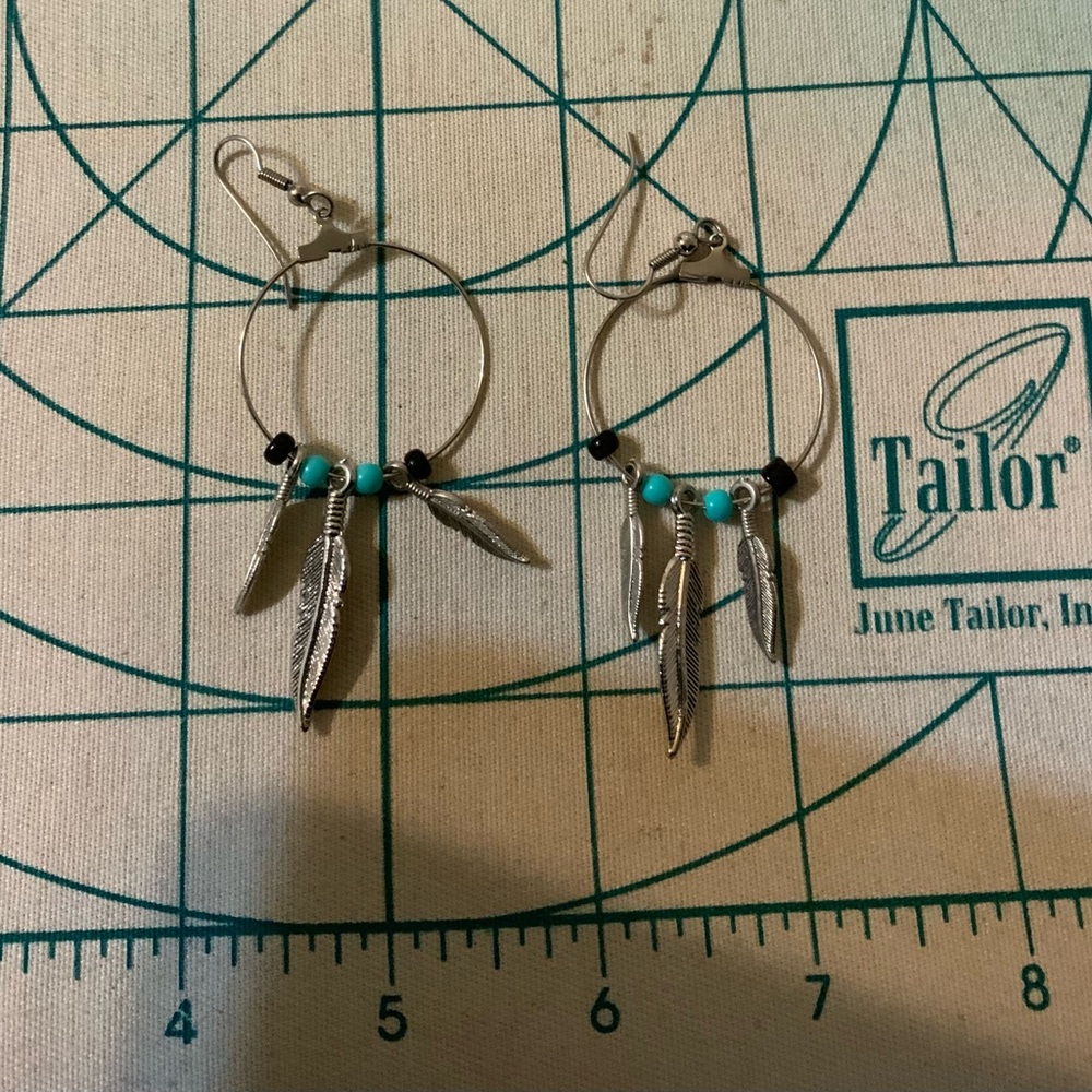 Silver Feather Hoop Earrings with Turquoise Accents